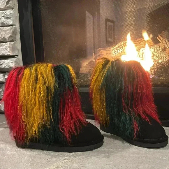 BEARPAW Rasta Fuzzy Curly Lamb Wool, cow suede, sheepskin footbed booties - 5 - Picture 1 of 14